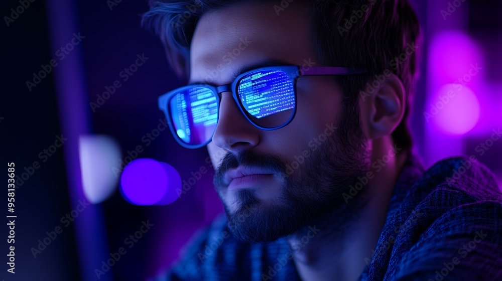Poster a focused individual working on programming in a dark room with neon lights reflecting off stylish g