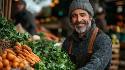 Organic farmer selling fresh produce at a local market, engaging with customers and explaining the benefits of organic farming