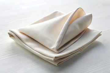 a photo image of a folded cloth napkin placed on a clean white table, made of smooth fabric, with a subtle texture