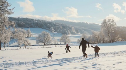 A family of four runs through a snowy field.