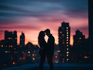 A silhouette of a couple sharing an intimate moment on a rooftop