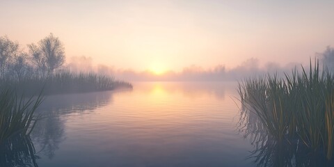 sunrise over the lake, Beautiful Sunrise Over a Tranquil Marshland with Misty Waters, Tall Grasses, and a Reflective Sky 