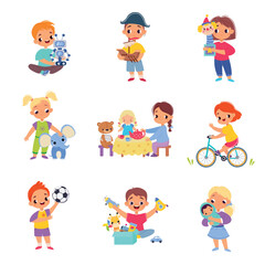 Fototapeta premium Kids Toys with Little Boy and Girl Playing Vector Set