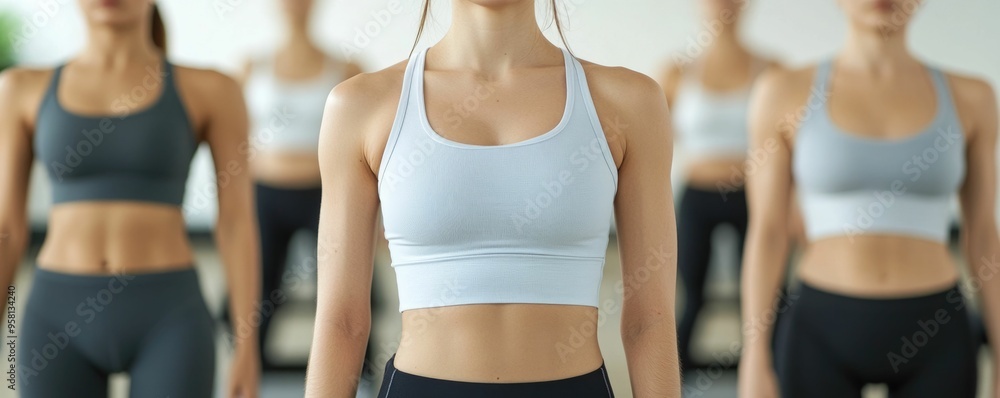 Poster a group of individuals engaged in a pilates session on reformer machines captured in a minimalist st