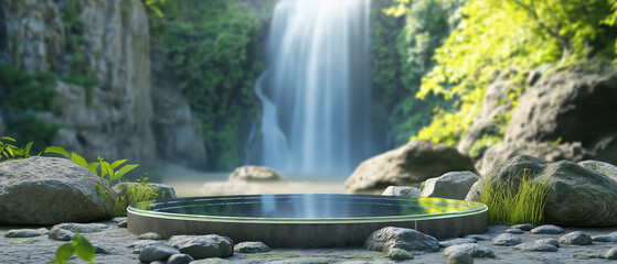 Serene landscape featuring a tranquil waterfall surrounded by lush greenery and rocky terrain, perfect for relaxation and nature lovers.