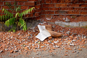 Color horizontal photo, brick red dilapidated abandoned building, overgrown with wild plants and...