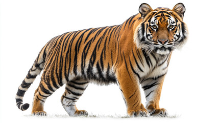 A majestic tiger standing confidently, showcasing its striking orange fur and bold black stripes, symbolizing strength and grace.