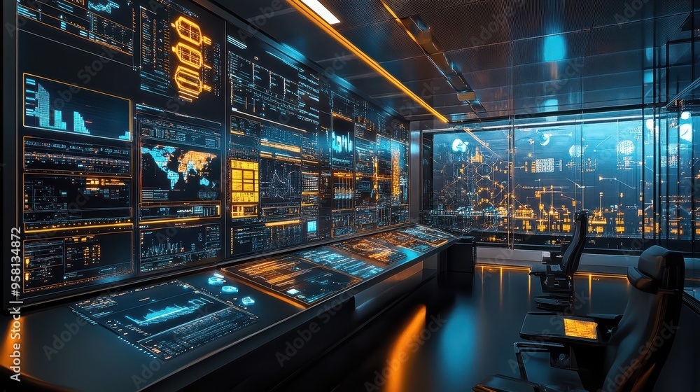 Poster high-tech control room with futuristic data visualization screens