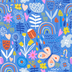 Seamless hight detailed botanical pattern with rainbows, bugs, butterfly, flowers, leaves. Floral artistic texture for fabric, textile, digital papers. Vector illustration