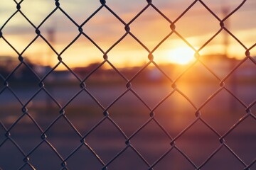 Fototapeta premium Close-Up of Chain-Link Fence with Blurred Sunset Background Ideal for Dramatic and Scenic Imagery