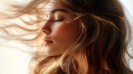 Fototapeta premium A serene portrait of a woman with flowing hair, capturing natural beauty and tranquility in soft light.