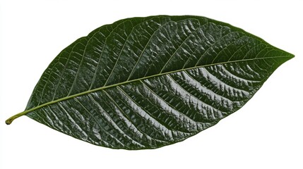 Obraz premium A single rhododendron leaf, large, leathery, and dark green with a smooth margin
