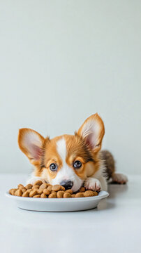 Cute puppy looking at a bowl of dog food on color background, copy space