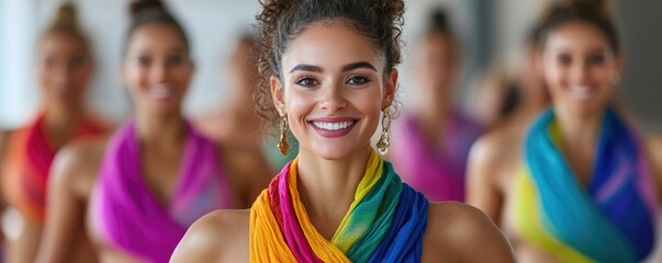 Group of female participants expressing themselves through the vibrant and culturally rich activity of belly dancing in a fitness class setting surrounded by colorful scarves and a sense of