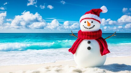 Snowmen stand on beaches and make people happy.