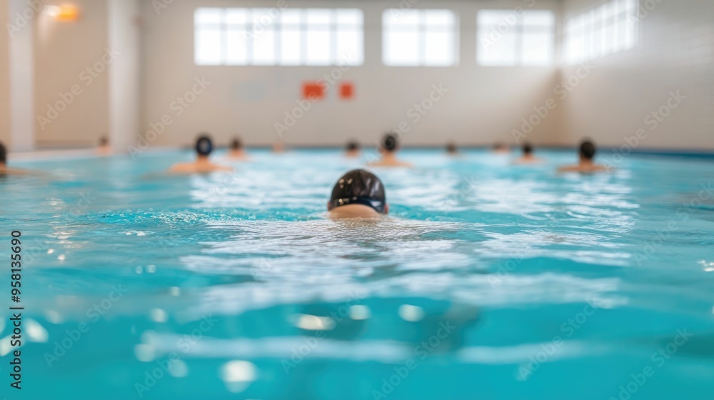 Poster group of synchronized swimmers in an indoor pool performing coordinated strokes and movements to cre