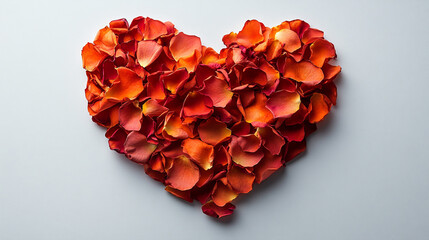 A vibrant heart shape made from beautiful red and orange rose petals, perfect for romantic themes and floral designs.