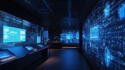 Futuristic Technology Exhibit in Dark Blue and Teal Tones