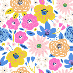 Seamless floral pattern with hand drawn flowers. Spring summer blossom background. Perfect for fabric design, wallpaper, apparel. Vector illustration