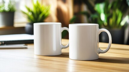 Fototapeta premium Two Blank White Mugs on Desk with Office Supplies and Indoor Plants in Background Ideal for Customization