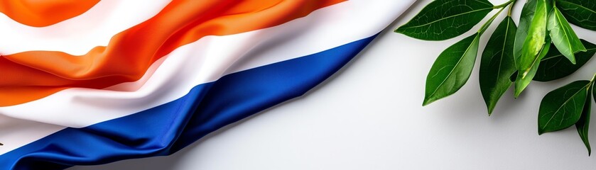 Fototapeta premium A vibrant close-up of a flag with orange and blue colors, accompanied by green leaves, symbolizing culture and nature.