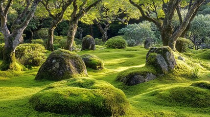 Natural organic pattern on vibrant green forest floor carpet, mossy stones