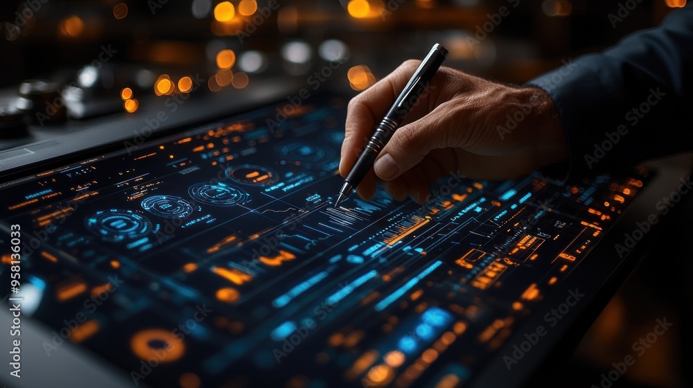 Poster hand using a stylus on a tablet with a futuristic interface