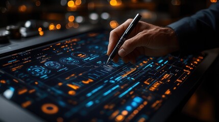 Obraz premium Hand using a Stylus on a Tablet with a Futuristic Interface