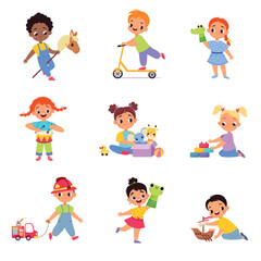 Kids Toys with Little Boy and Girl Playing Vector Set
