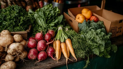 A vibrant farmer s market stall featuring produce grown using regenerative agriculture techniques, including root vegetables and leafy greens.