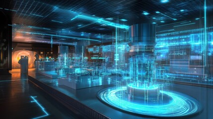 Futuristic Digital Technology Exhibition with Holographic Displays