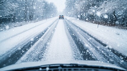 Snowy winter landscape with a car driving on a rural road
