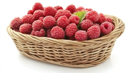 A basket of raspberries with a white background