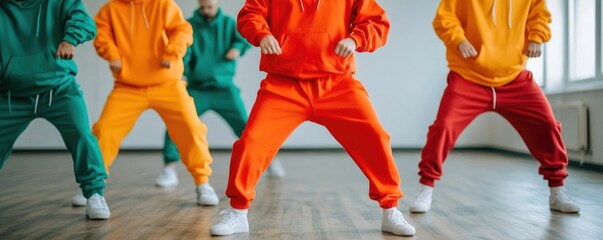 High energy group of young hip hop dancers showcasing their dynamic and expressive dance moves during an urban dance class session