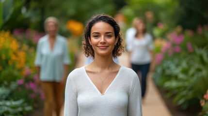 Group of people participating in a peaceful and reflective mindfulness walking meditation session in a beautiful botanical garden surrounded by lush foliage and tranquil natural scenery