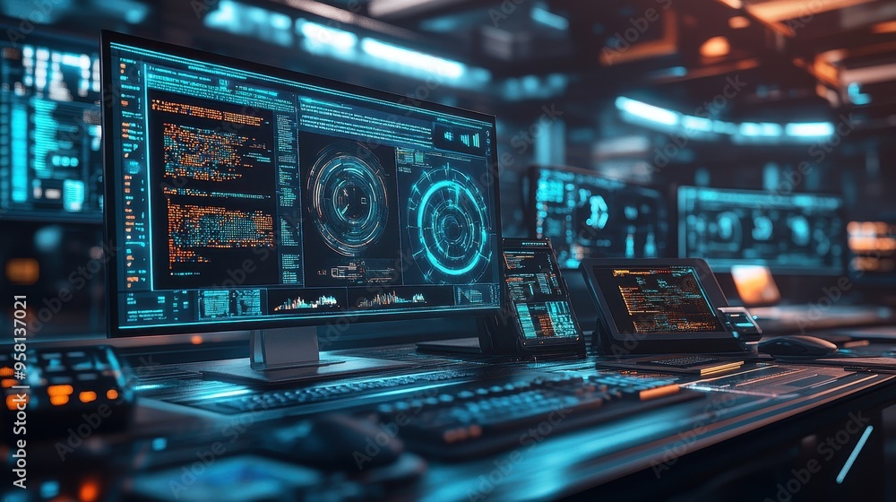 Aufkleber futuristic control panel in a high-tech command center