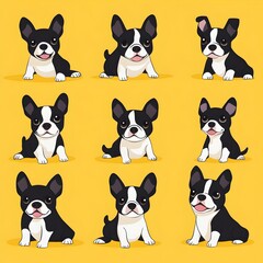 Playful Bunch of Cartoon Style Boston Terrier Puppies in Various Poses on Mellow Yellow Background