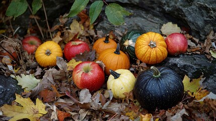 Vibrant Autumn Harvest Display Featuring Seasonal Foods Among Colorful Fall Leaves