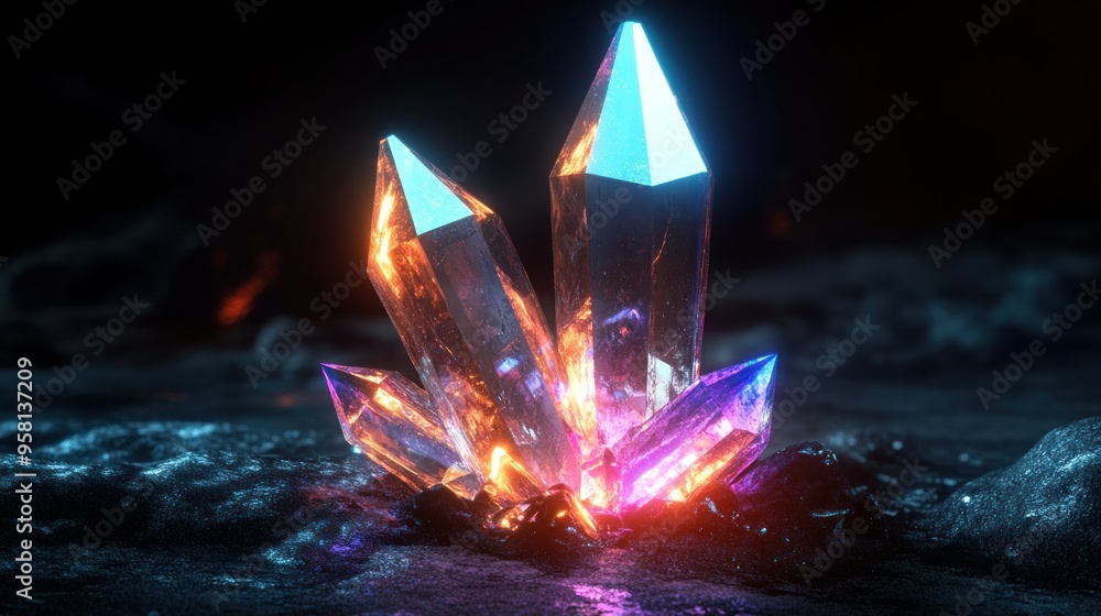 Poster glowing crystal cluster on a dark surface