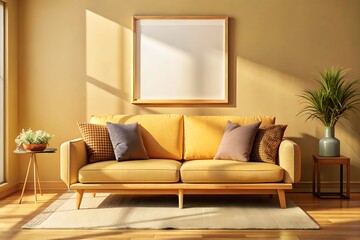 Modern living room with yellow sofa and pillows, showcasing a blank frame mockup on the wall. Ideal for artwork or poster display in home decor presentations.