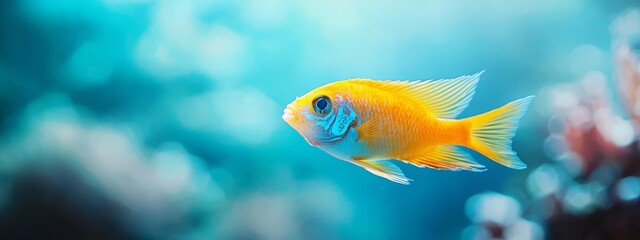 Naklejka premium A tight shot of a yellow-blue fish against corals in an aquatic environment, surrounded by clear blue water