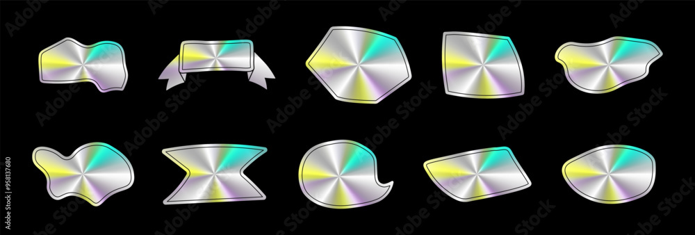 Poster set of holographic stickers. labels of different shapes for writing text. vector elements isolated o