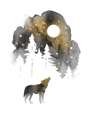 Silhouette of wolf howling at the moon. Watercolor winter landscape with isolated animal, sky, moon and forest in black color. Watercolor wolf vector illustration and splash
