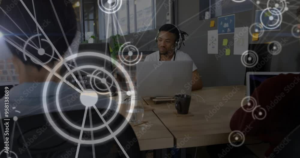 Poster network connections and data processing animation over people working in office