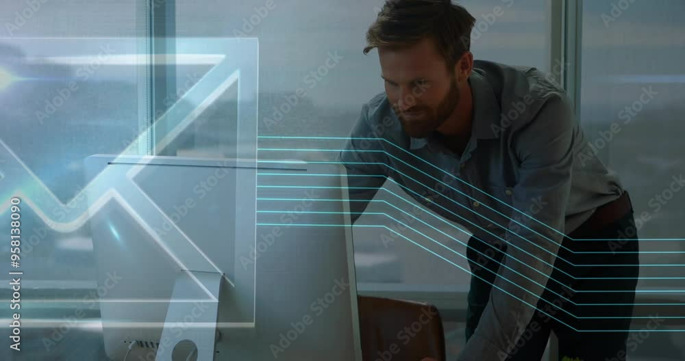 Poster Smiling man working on computer with email icon and data lines animation