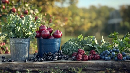 Realistic Outdoor Arrangement of Farm Fresh Fruits and Vegetables Showcasing Natural Beaut