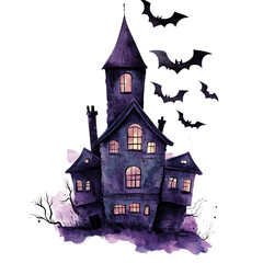 A spooky haunted house with bats flying in the night sky, perfect for Halloween-themed designs and creative projects.