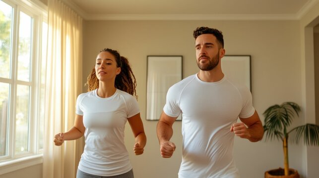 Couple Engaging in Playful Supportive At Home Workout Session in Their Living Room Focused on Fitness Wellness and Shared Fitness Journey