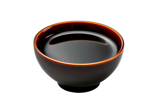 Ceramic bowl of soy sauce with a red cap isolated on a white transparent background. Condiment concept.