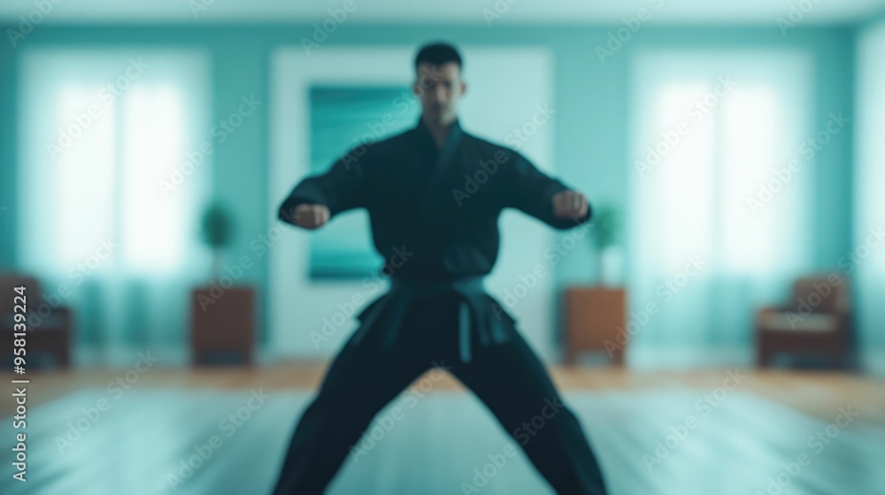 Poster martial practicing precision and technique in the comfort of home environment focusing on discipline